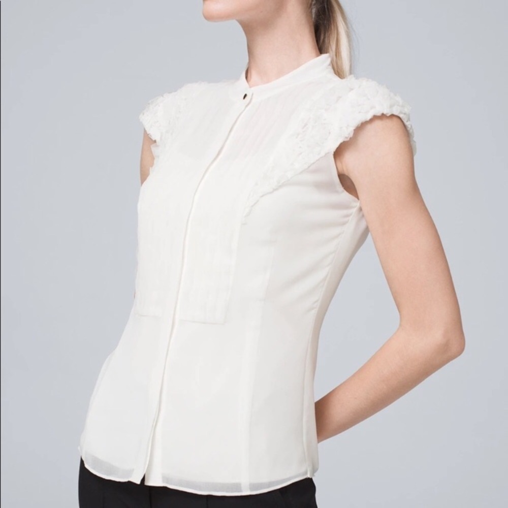 WHBM | Short Sleeve Shirred Mesh Bib Blouse Ecru
